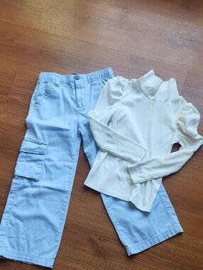Cream Turtleneck Top and Light Blue Cargo Pants Kids Matching Set